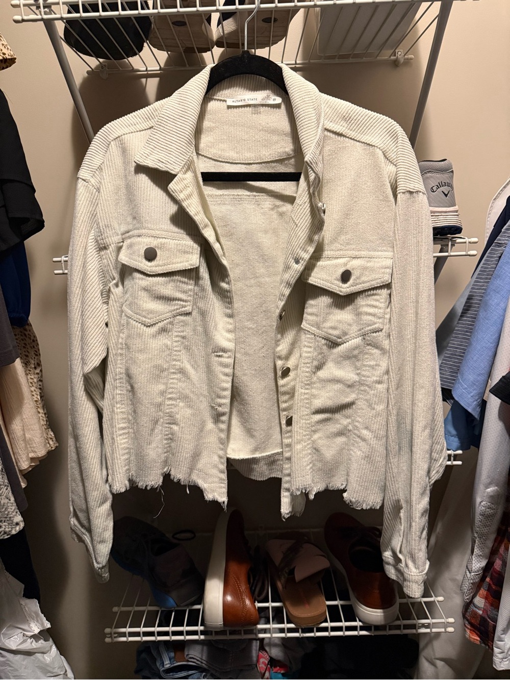 Altar'd State Cream Distressed Knit Jean Jacket